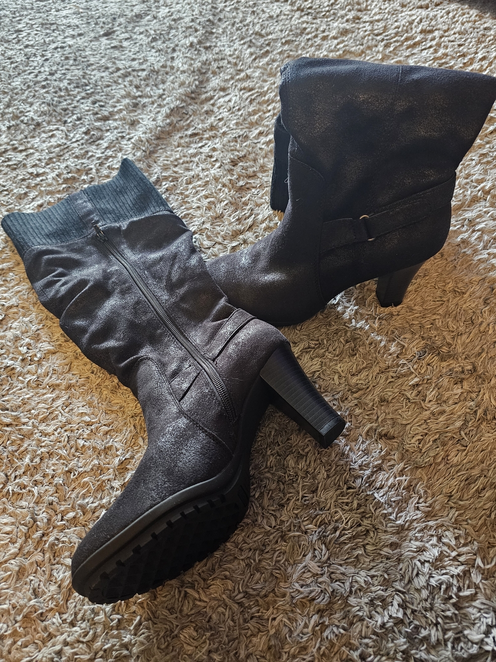 Mid-Calf Heeled Boots in Charcoal Gray/Black with Ribbed Cuff